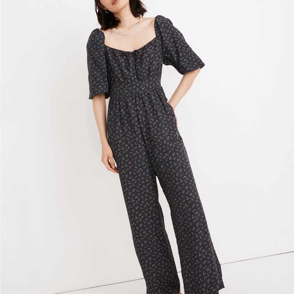 Madewell Black Floral Puff-Sleeve Jumpsuit